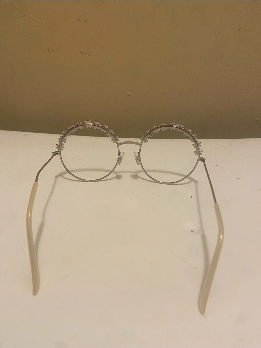 70s Festival Boho Whimsy Silver Round Glasses with White Floral Rim - NO LENSES